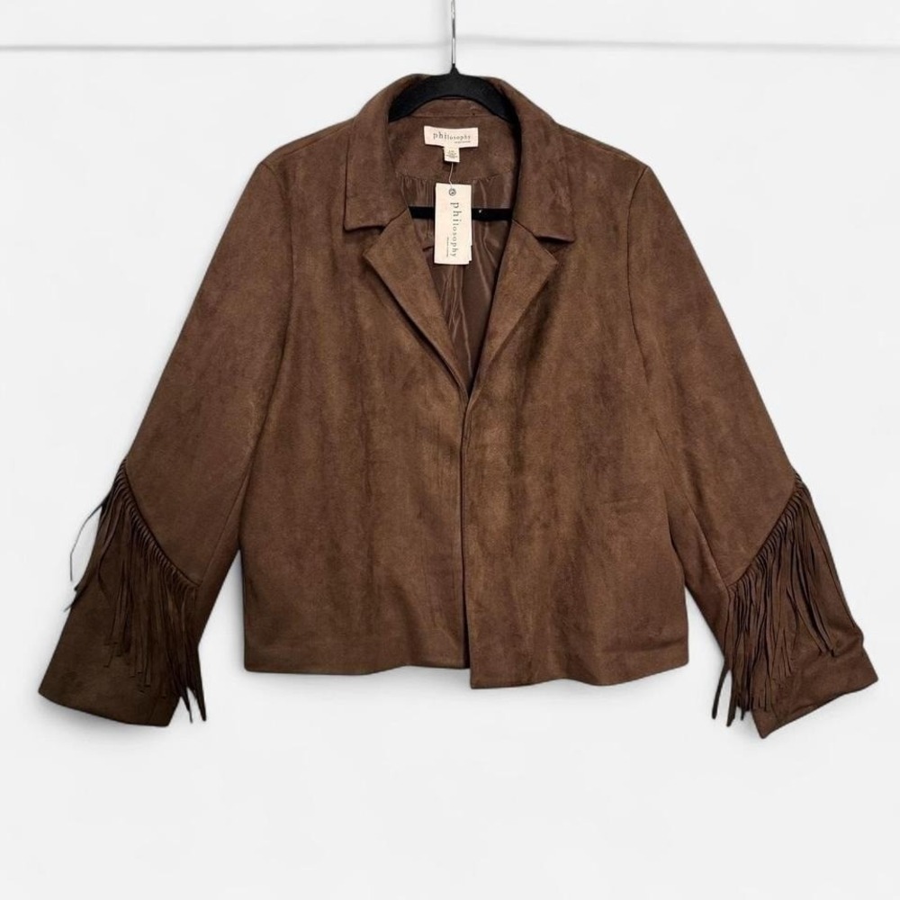 Philosophy Faux Suede Fringe Jacket Brown Western Boho Festival Cowgirl Sz L NWT - Picture 2 of 8